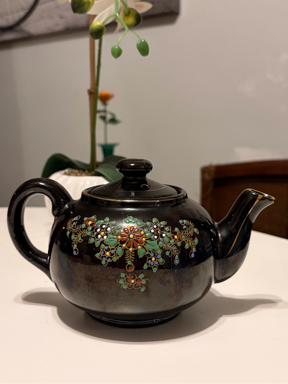 Vintage Japanese Moriage Redware Teapot - Brown Hand Painted Floral Gold Trim